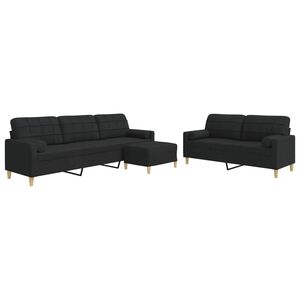 vidaXL 3 pcs conjunto de sof&aacute;s c/ almofadas/apoio p&eacute;s tecido preto