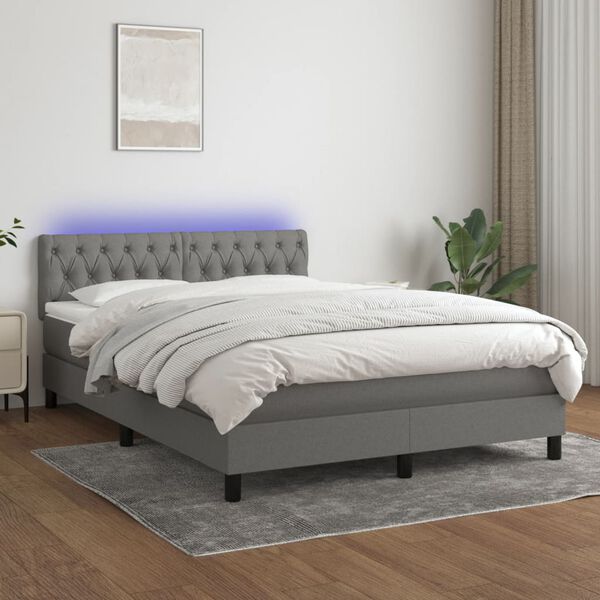 vidaXL Cama box spring c/ colch&atilde;o e LED 140x200 cm tecido cinza-escuro