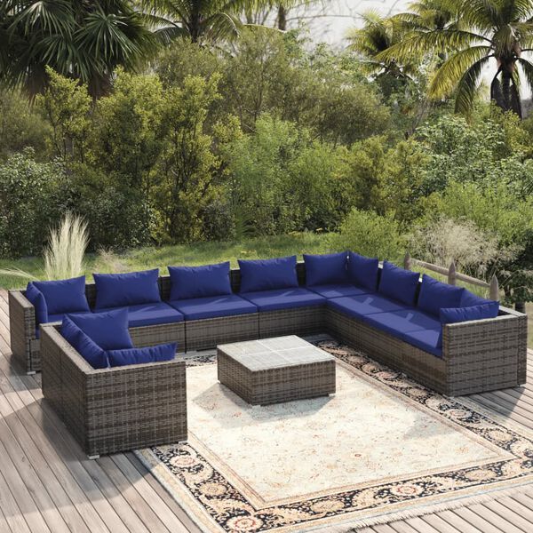 vidaXL 11 pcs conjunto lounge de jardim c/ almofad&otilde;es vime PE cinzento