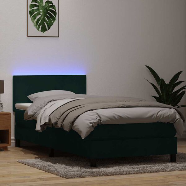 vidaXL Cama box spring c/ colch&atilde;o e LED verde-escuro 80x210 cm veludo