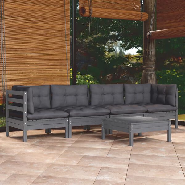 vidaXL 5 pcs conjunto lounge de jardim c/ almofad&otilde;es pinho maci&ccedil;o