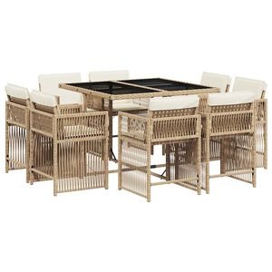 vidaXL 9 pcs conjunto de jantar p/ jardim com almofad&otilde;es vime PE bege