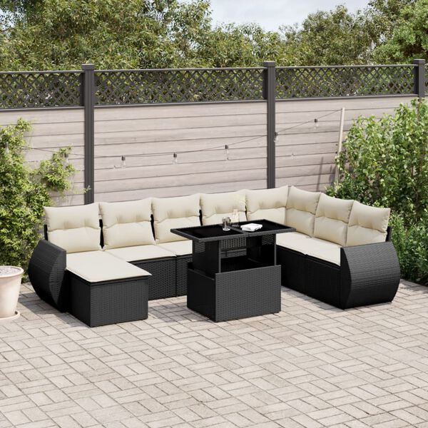vidaXL 9 pcs conjunto de sof&aacute;s p/ jardim c/ almofad&otilde;es vime PE preto