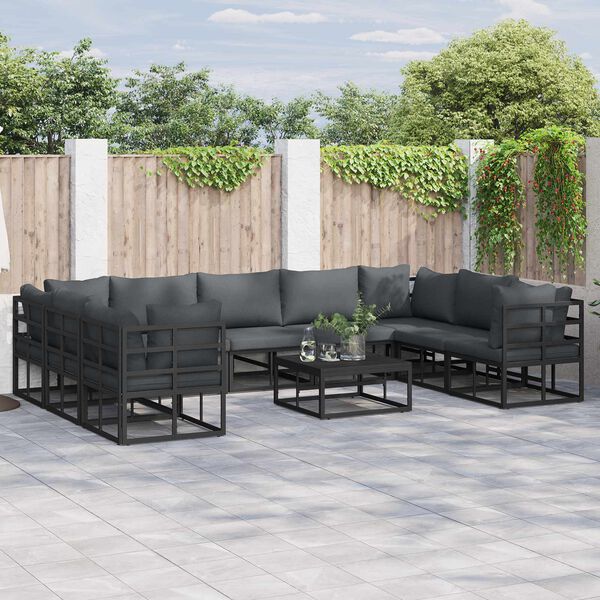 vidaXL Conjunto de Sof&aacute; de Jardim com almofada 10 pcs Preto Alum&iacute;nio