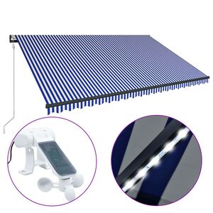 vidaXL Toldo com sensor de vento e LED 500x300 cm azul e branco