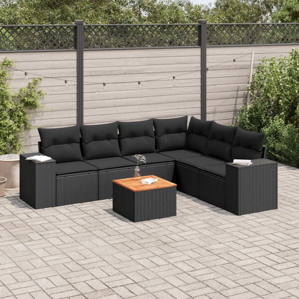 vidaXL 7 pcs conjunto de sof&aacute;s p/ jardim c/ almofad&otilde;es vime PE preto
