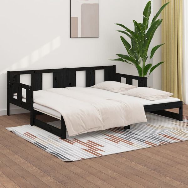 vidaXL Sof&aacute;-cama de puxar pinho maci&ccedil;o preto 2x(80x200) cm