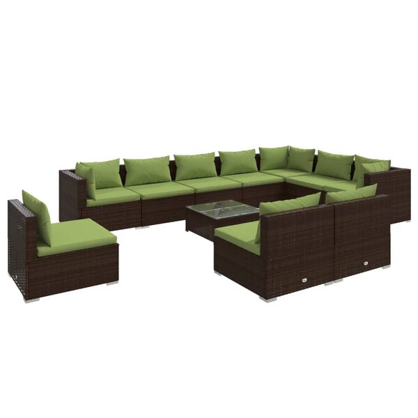 vidaXL 11 pcs conjunto lounge de jardim c/ almofad&otilde;es vime PE castanho