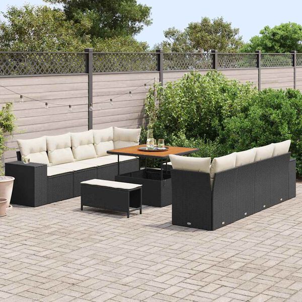 vidaXL Conjunto de Sof&aacute; de Jardim 11 pcs Preto e Creme vime PE