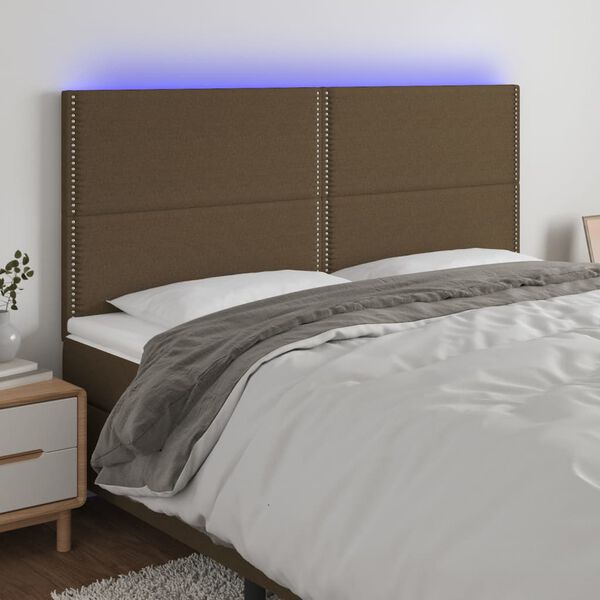 vidaXL Cabeceira de cama c/ LED tecido 200x5x118/128 cm castanho