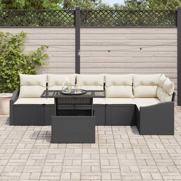 vidaXL Conjunto de Sof&aacute; de Jardim com almofada 7 pcs Preto e Creme
