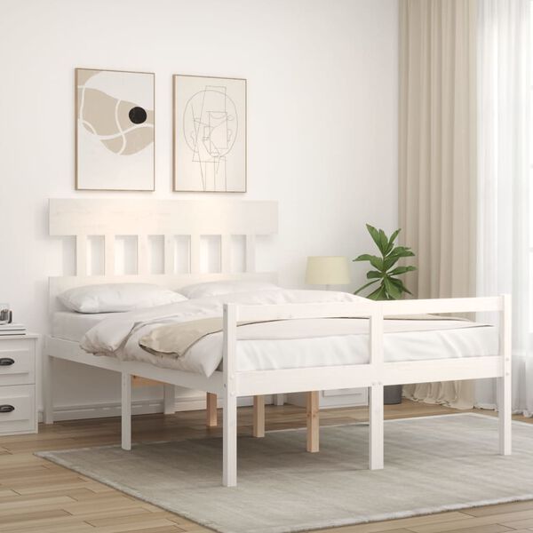 vidaXL Cama de casal para idosos c/ cabeceira madeira maci&ccedil;a branco