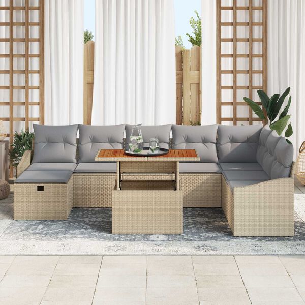 vidaXL Conjunto de Sof&aacute; de Jardim 9 pcs Bege Rattan Sint&eacute;tico