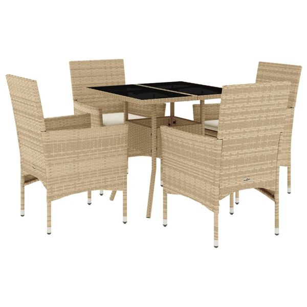 vidaXL 5 pcs conjunto jantar jardim com almofad&otilde;es vime PE/vidro bege