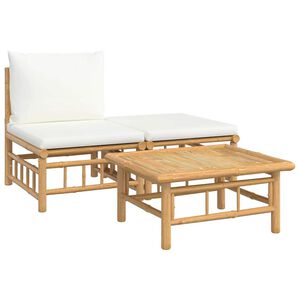 vidaXL 3 pcs conjunto lounge de jardim bambu c/ almofadões branco nata