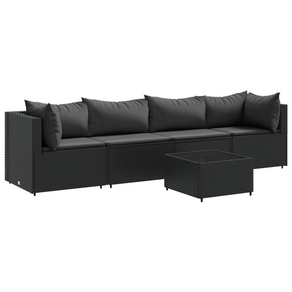 vidaXL 5 pcs conjunto lounge de jardim c/ almofad&otilde;es vime PE preto