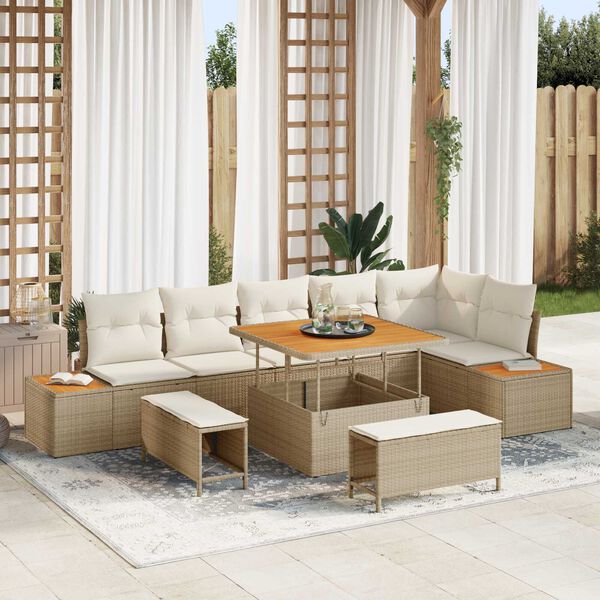 vidaXL Conjunto de Sof&aacute; de Jardim 9 pcs Bege Rattan Sint&eacute;tico