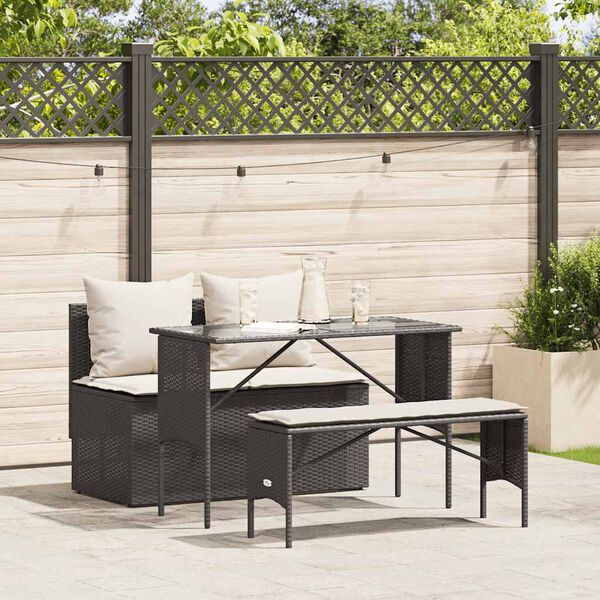 vidaXL 3 pcs conjunto de jantar p/ jardim c/ almofad&otilde;es vime PE preto