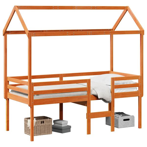 vidaXL Cama alta com telhado 90x190 cm pinho maci&ccedil;o castanho-mel