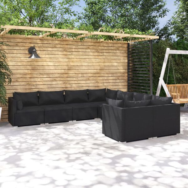 vidaXL 8 pcs conjunto lounge de jardim c/ almofad&otilde;es vime PE preto