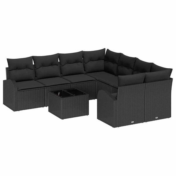 vidaXL Conjunto de Sof&aacute;s com almofada 9 pcs Preto vime PE