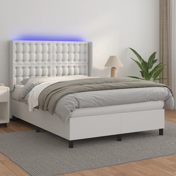 vidaXL Cama box spring c/colch&atilde;o/LED 140x190cm couro artificial branco
