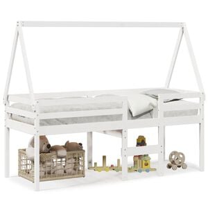vidaXL Cama alta com telhado 90x190 cm pinho maci&ccedil;o branco