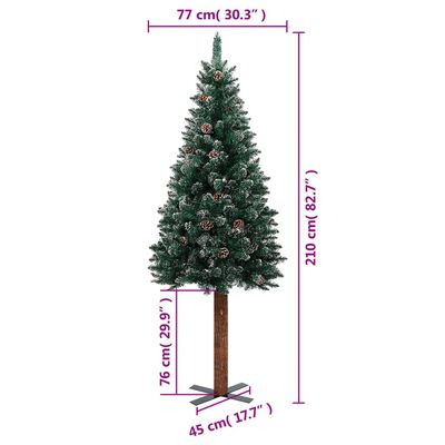 vidaXL Árvore de Natal fina madeira genuína e neve branca 210 cm verde
