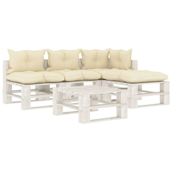vidaXL 5 pcs conjunto lounge de jardim em paletes c/ almofad&otilde;es creme