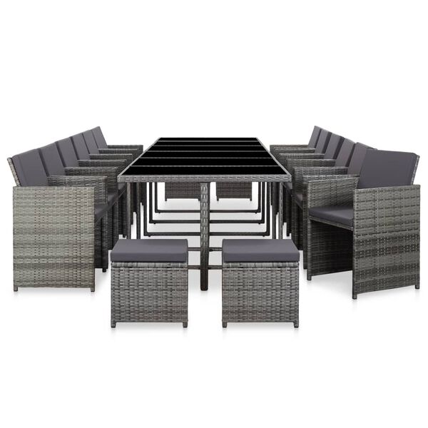 vidaXL 17 pcs conjunto jantar exterior com almofad&otilde;es vime PE cinzento