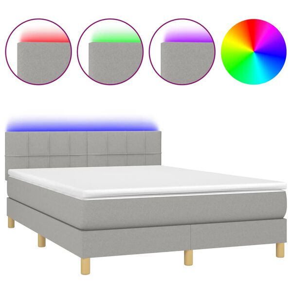 vidaXL Cama box spring c/ colch&atilde;o e LED 140x190 cm tecido cinza-claro