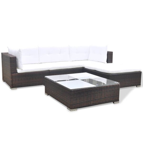 vidaXL 5 pcs conjunto lounge jardim c/ almofadões vime PE castanho