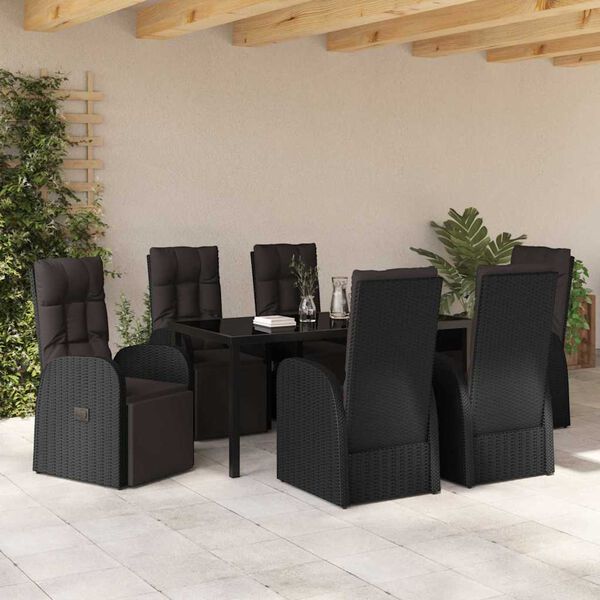 vidaXL Conjunto de Jantar para Jardim com almofada 7 pcs Preto vime PE