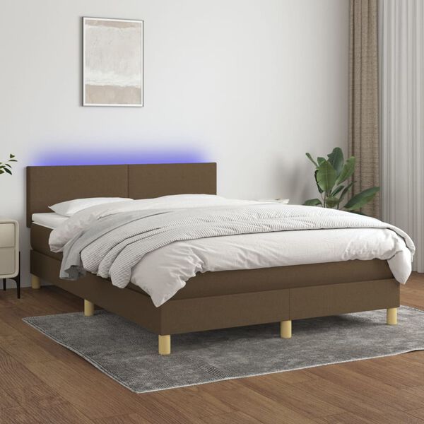 vidaXL Cama box spring c/ colch&atilde;o/LED 140x190cm tecido castanho-escuro