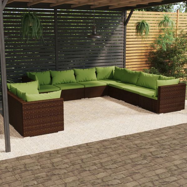 vidaXL 9 pcs conjunto lounge jardim c/ almofad&otilde;es vime PE castanho