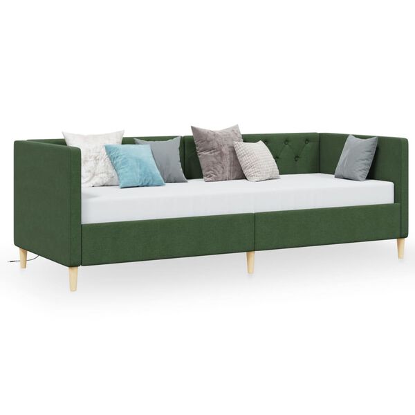 vidaXL Sof&aacute;-cama c/ colch&atilde;o e sa&iacute;da USB 90x200 cm tecido verde-escuro