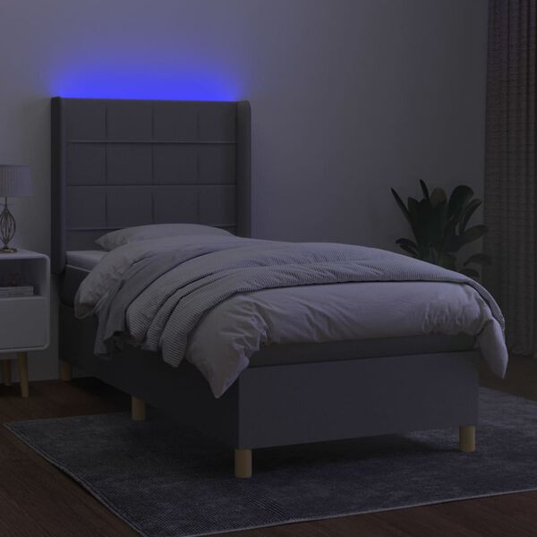 vidaXL Cama box spring c/ colch&atilde;o e LED 90x200 cm tecido cinza-claro