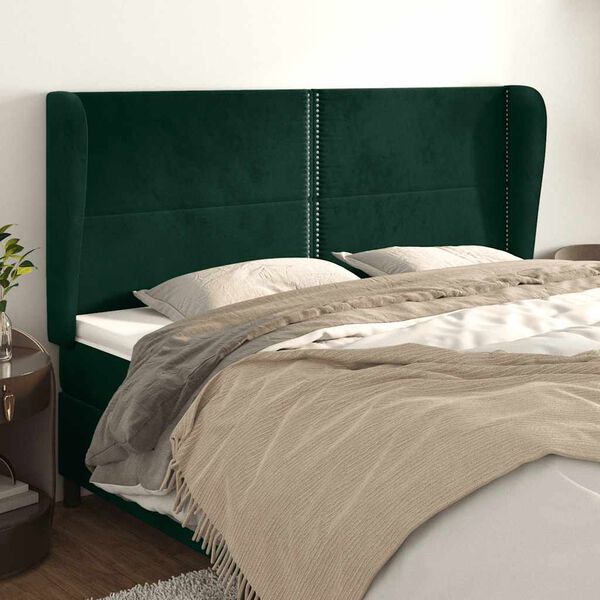 vidaXL Cabeceira cama c/ abas veludo 203x23x118/128 cm verde-escuro