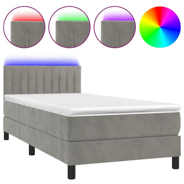 vidaXL Cama box spring c/ colch&atilde;o/LED 90x190 cm veludo cinzento-claro