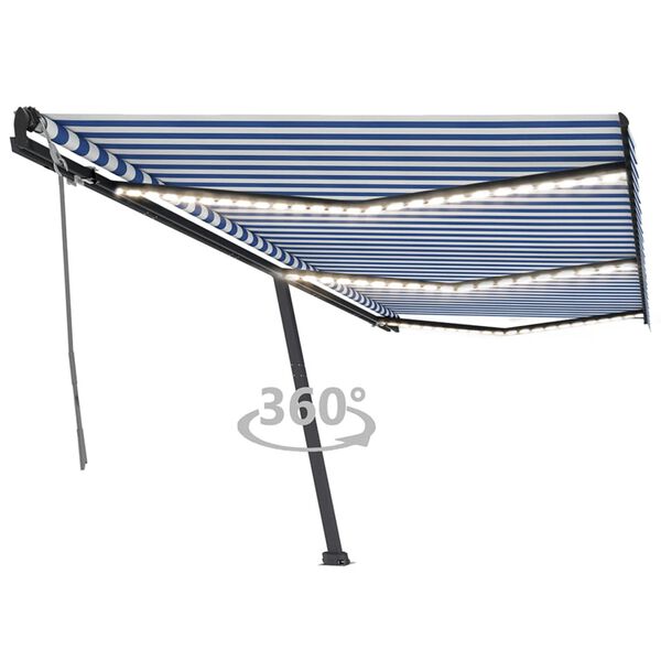 vidaXL Toldo retr&aacute;til manual com LED 600x350 cm azul e branco