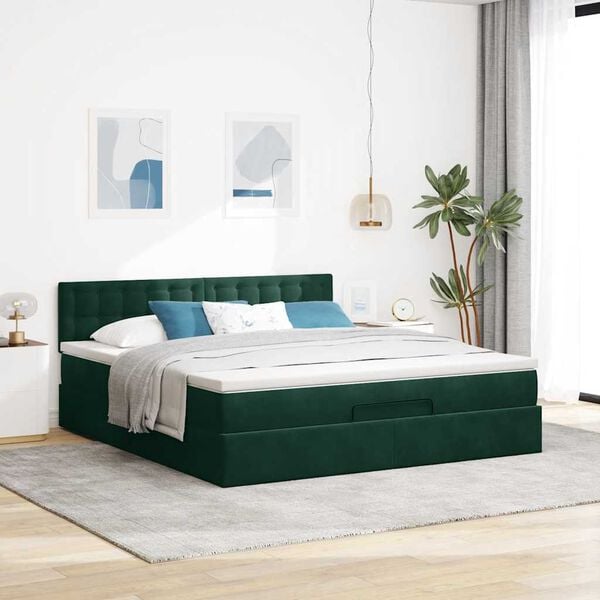 vidaXL Estrutura de cama otomana com colch&atilde;o 180x200 cm verde escuro