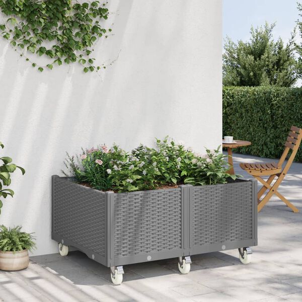 vidaXL Vaso/floreira de jardim c/ rodas 100x80x54 cm PP cinzento-claro