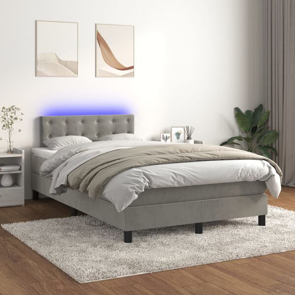 vidaXL Cama box spring c/ colch&atilde;o/LED 120x200 cm veludo cinzento-claro
