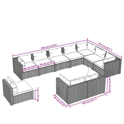 vidaXL 10 pcs conjunto lounge de jardim c/ almofadões vime PE preto