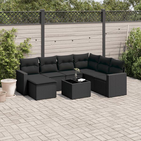 vidaXL 8 pcs conjunto sof&aacute;s de jardim com almofad&otilde;es vime PE preto