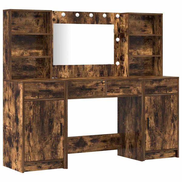 vidaXL Conjunto de Mesa de Maquiagem com LED 3 pcs Carvalho Defumado