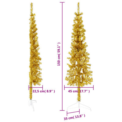 vidaXL Meia árvore de Natal fina com suporte 150 cm dourado