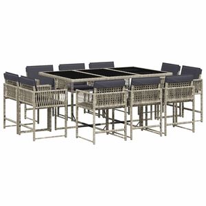 vidaXL 11 pcs conjunto jantar p/ jardim c/ almofad&otilde;es vime PE cinzento