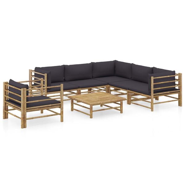 vidaXL 7 pcs conj. lounge jardim em bambu c/ almofadões cinza-escuro
