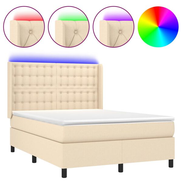 vidaXL Cama box spring c/ colch&atilde;o e LED 140x190 cm tecido cor creme